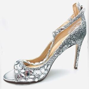 BADGLEY MISCHKA Jewel Almond peep-toe T-strap sandals with Crystals, Size 5.5